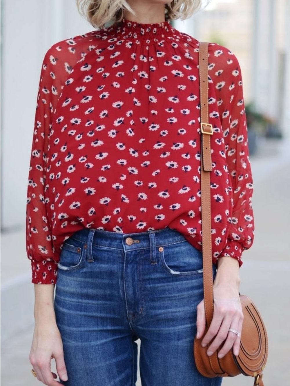 Madewell size XS Red Floral Mock-Neck Women's Blouse